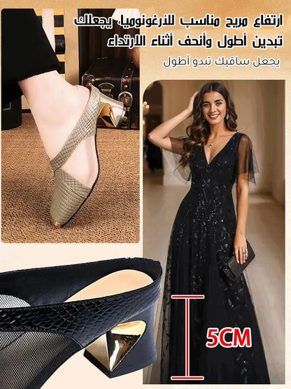 حذاء صندل نسائي بكعب سميك ومقدمة مربعة بخامة شبكية